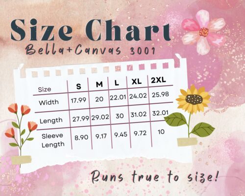 Size chart Bella + canvas 3001